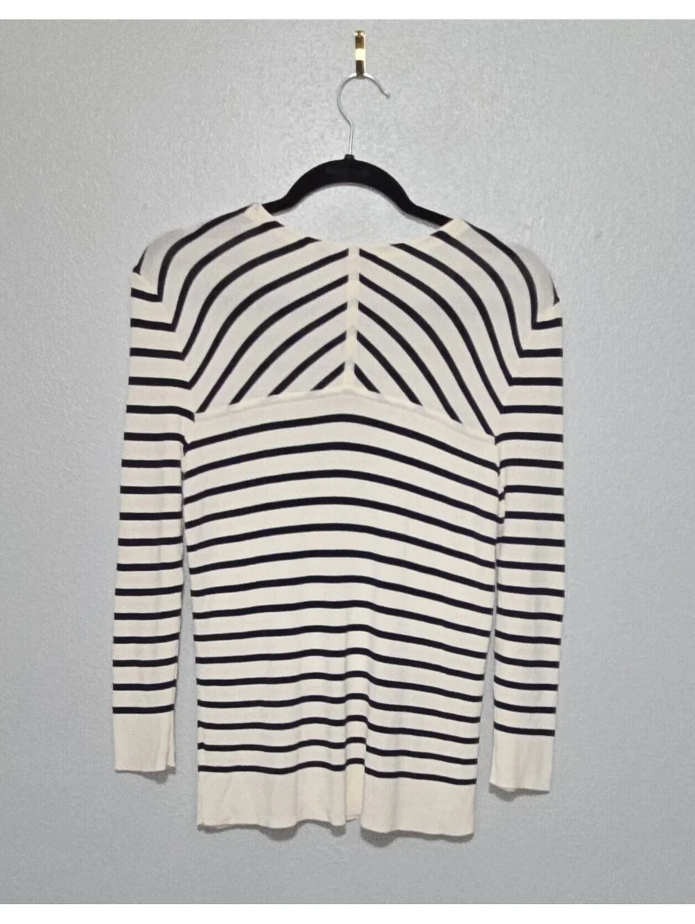 Tory Burch Sweater Small S Cream Navy Blue Striped Ribbed Knit Chevron Back Logo